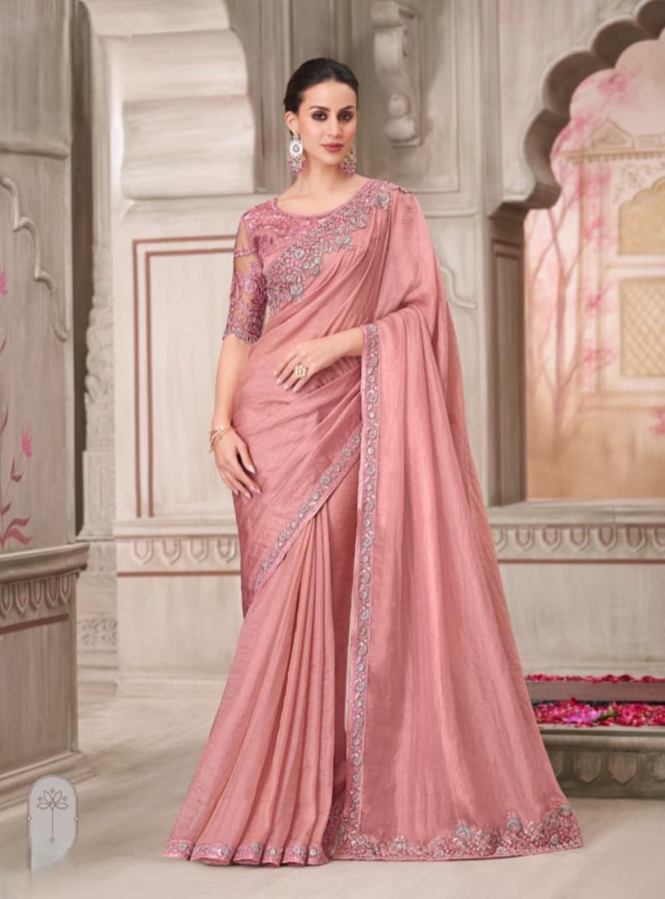 Powder Pink Satin Georgette Tussar Silk Handwork Saree