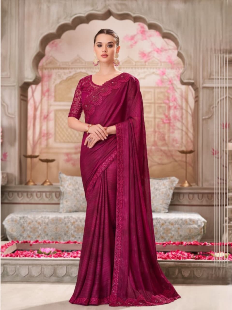 Wine Shimmer Satin Silk Georgette Tussar Silk Handwork Saree