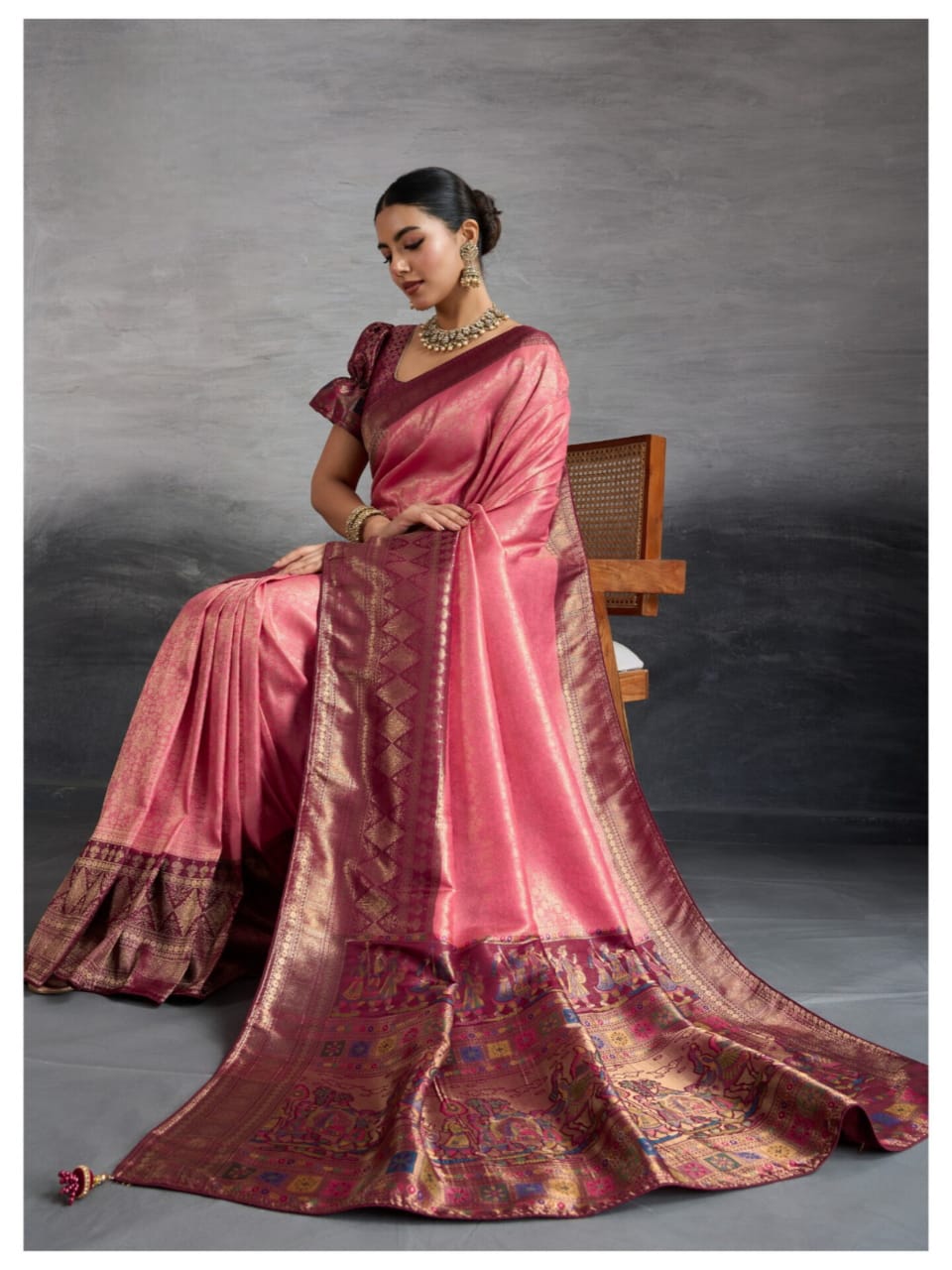 Pink Kanjivaram Soft Silk Hand Dyed Zari Woven Saree