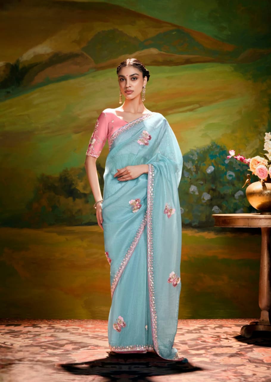 Light Blue Fancy Fabric Embroidery Handwork Designer Cutwork Border Saree