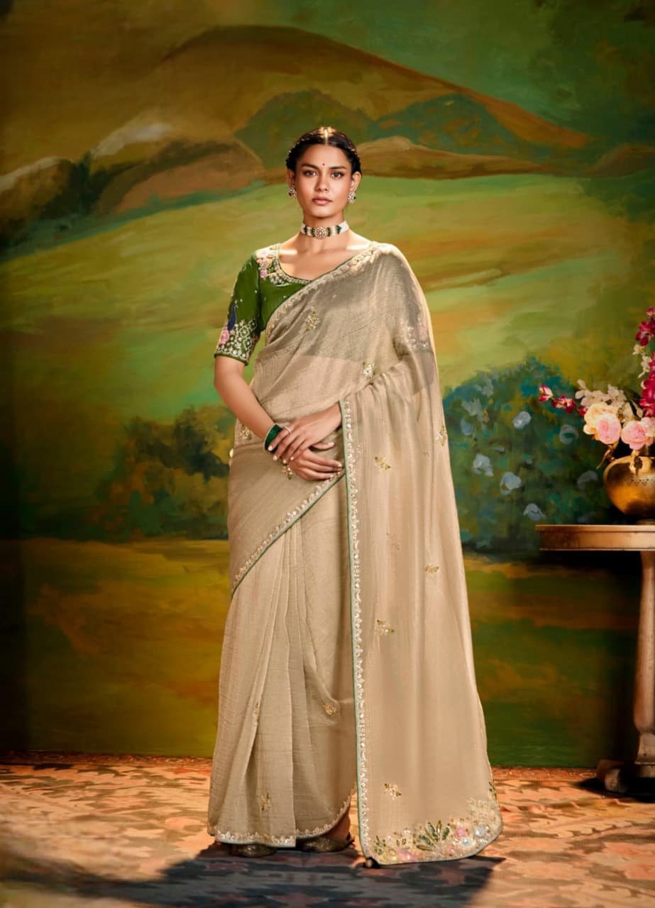 Beige Fancy Fabric Embroidery Handwork Designer Cutwork Border Saree