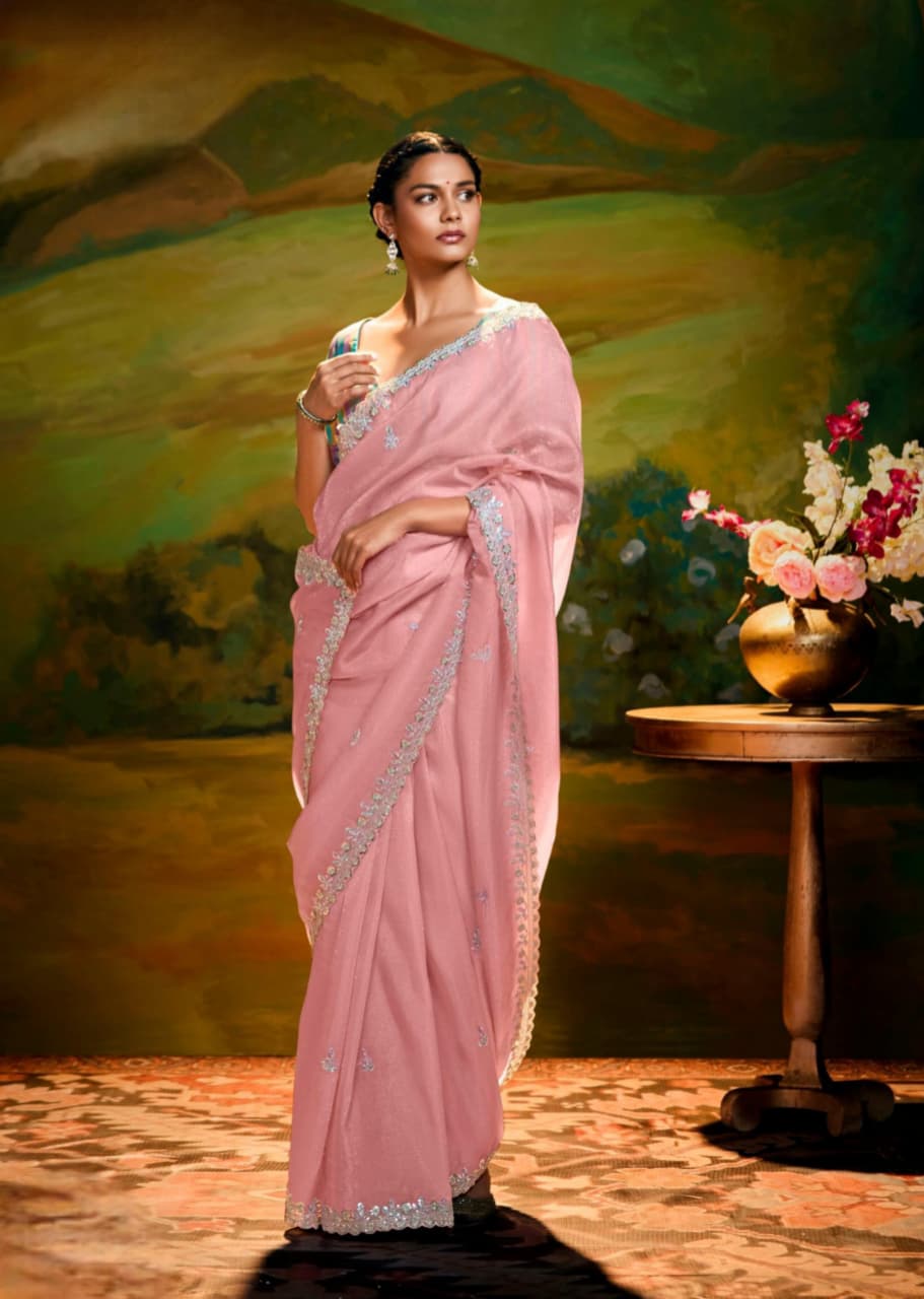 Peach Fancy Fabric Embroidery Handwork Designer Cutwork Border Saree