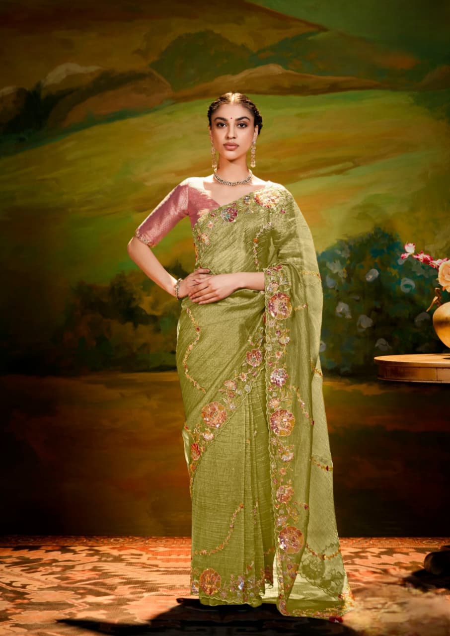 Olive Green Fancy Fabric Embroidery Handwork Designer Cutwork Border Saree