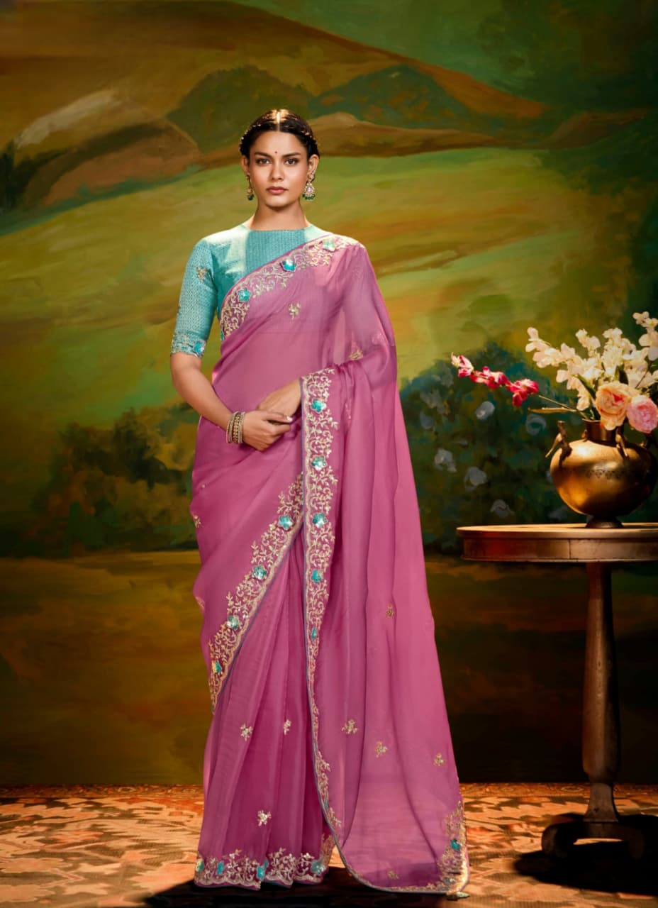 Pink Fancy Fabric Embroidery Handwork Designer Cutwork Border Saree