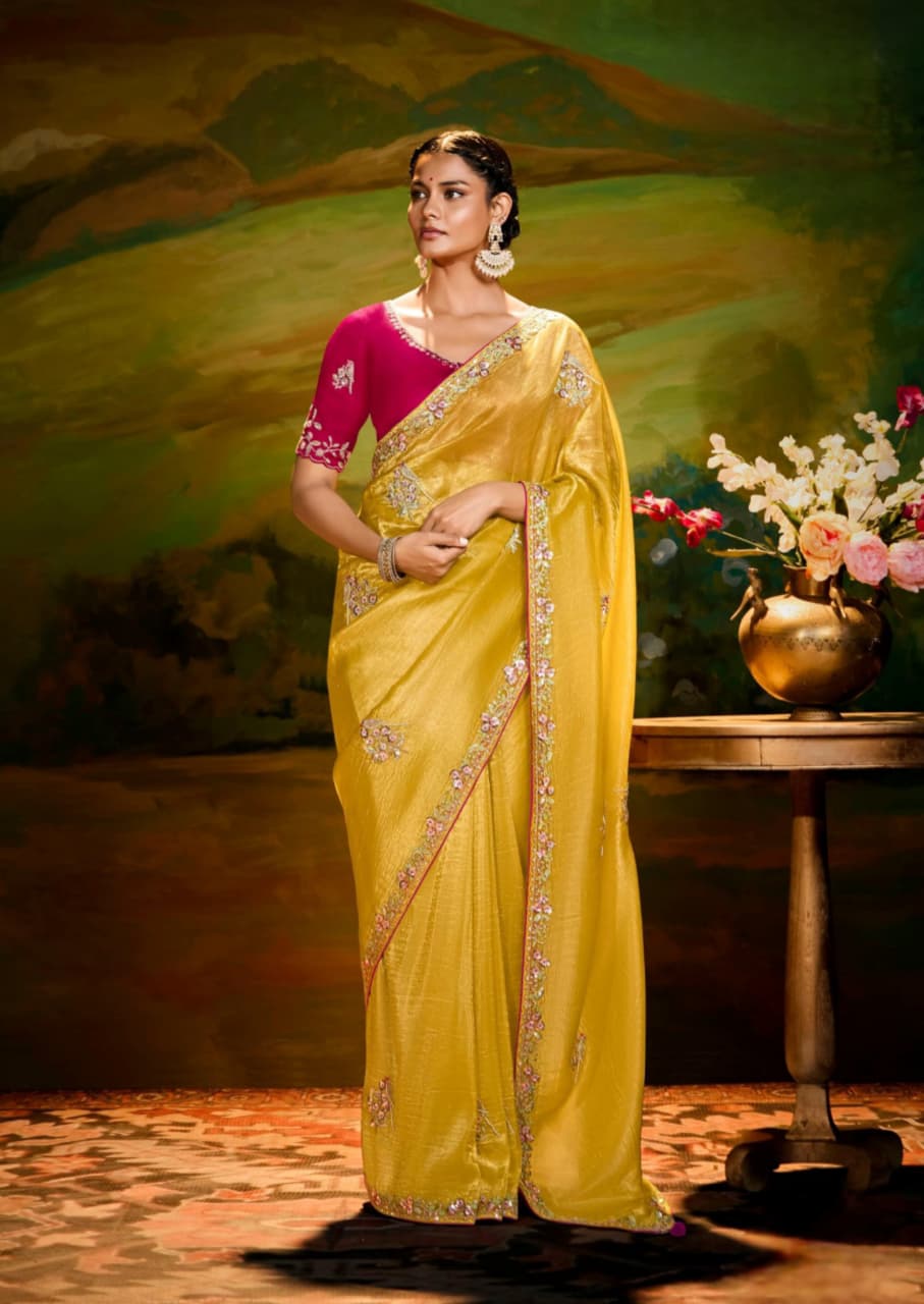 Yellow Fancy Fabric Embroidery Handwork Designer Cutwork Border Saree