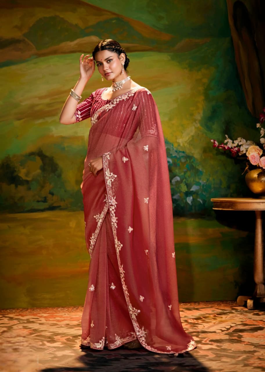 Maroon Fancy Fabric Embroidery Handwork Designer Cutwork Border Saree