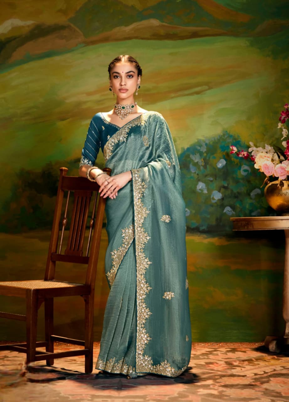 Teal Fancy Fabric Embroidery Handwork Designer Cutwork Border Saree