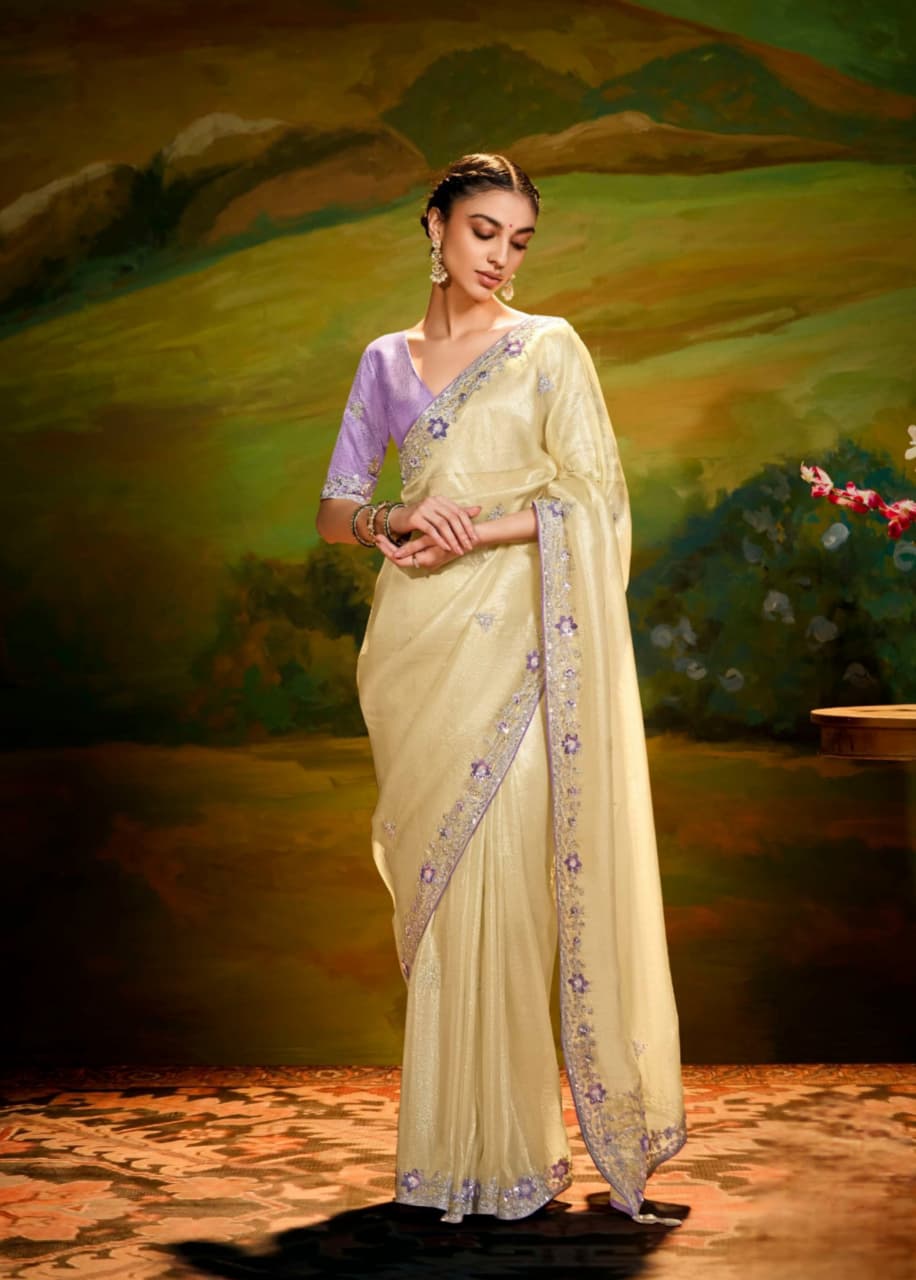 Cream Fancy Fabric Embroidery Handwork Designer Cutwork Border Saree