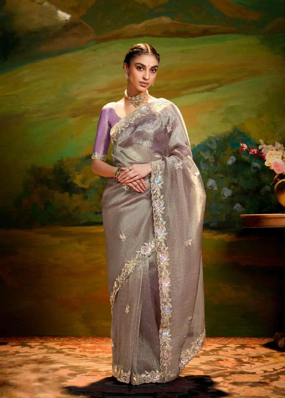 Grey Fancy Fabric Embroidery Handwork Designer Cutwork Border Saree