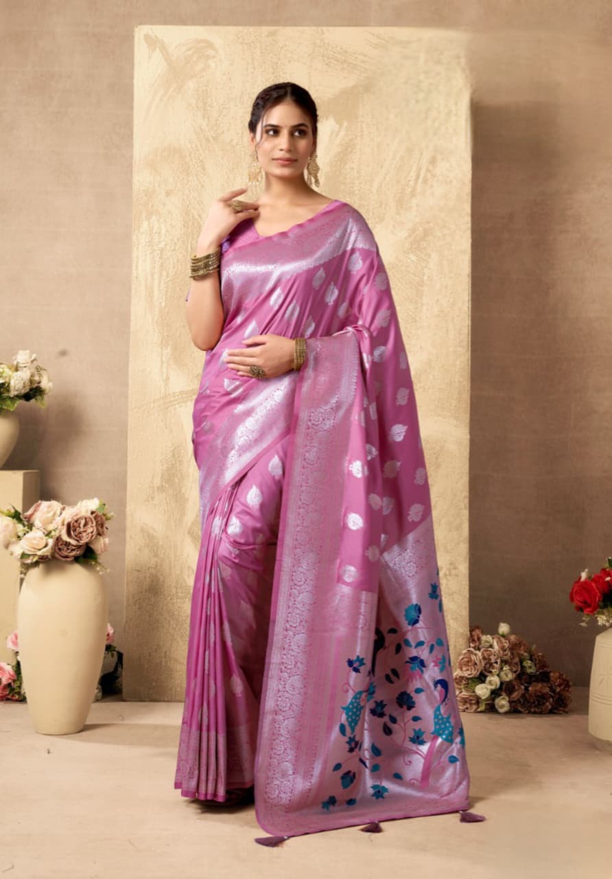 Pink Peacock Pallu Silk Zari Work Saree