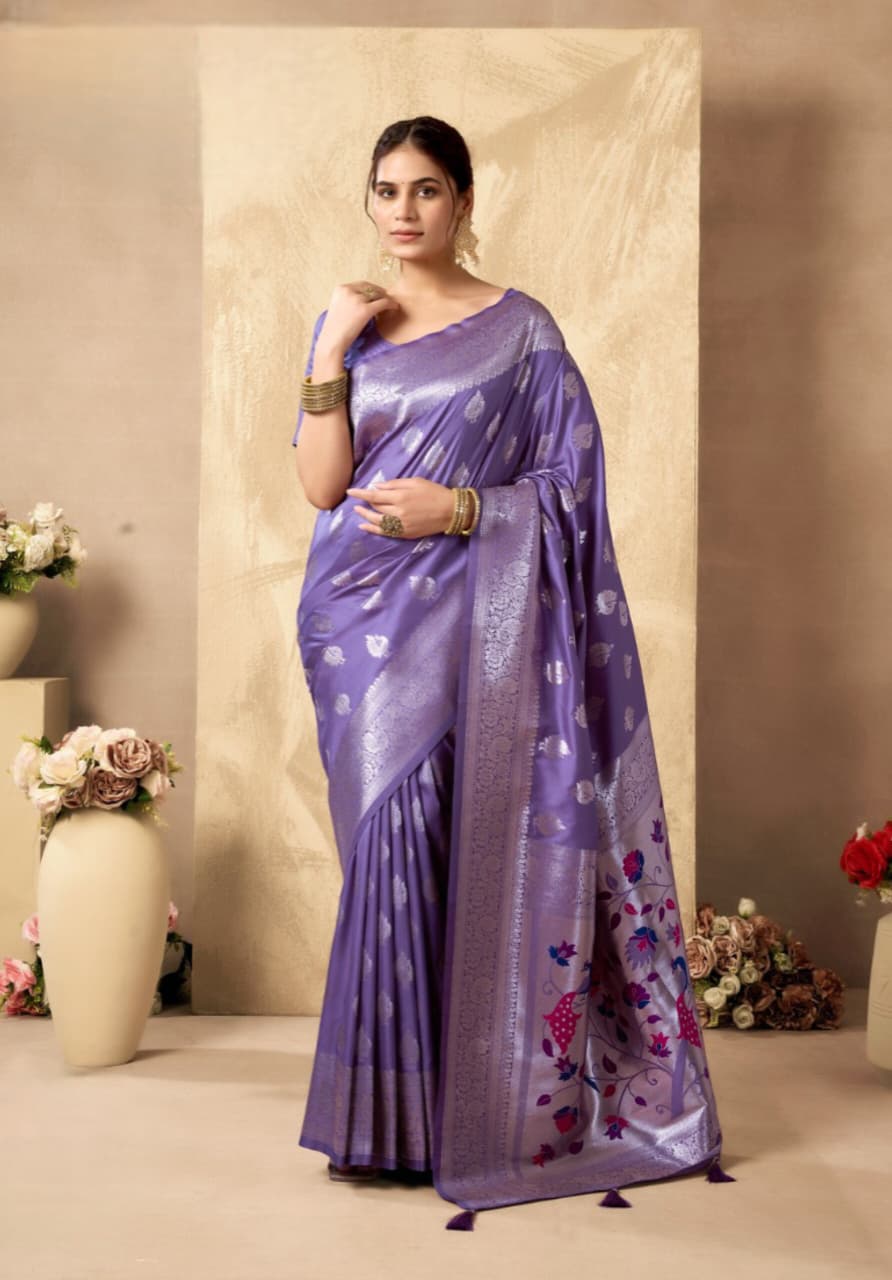 Purple Peacock Pallu Silk Zari Work Saree