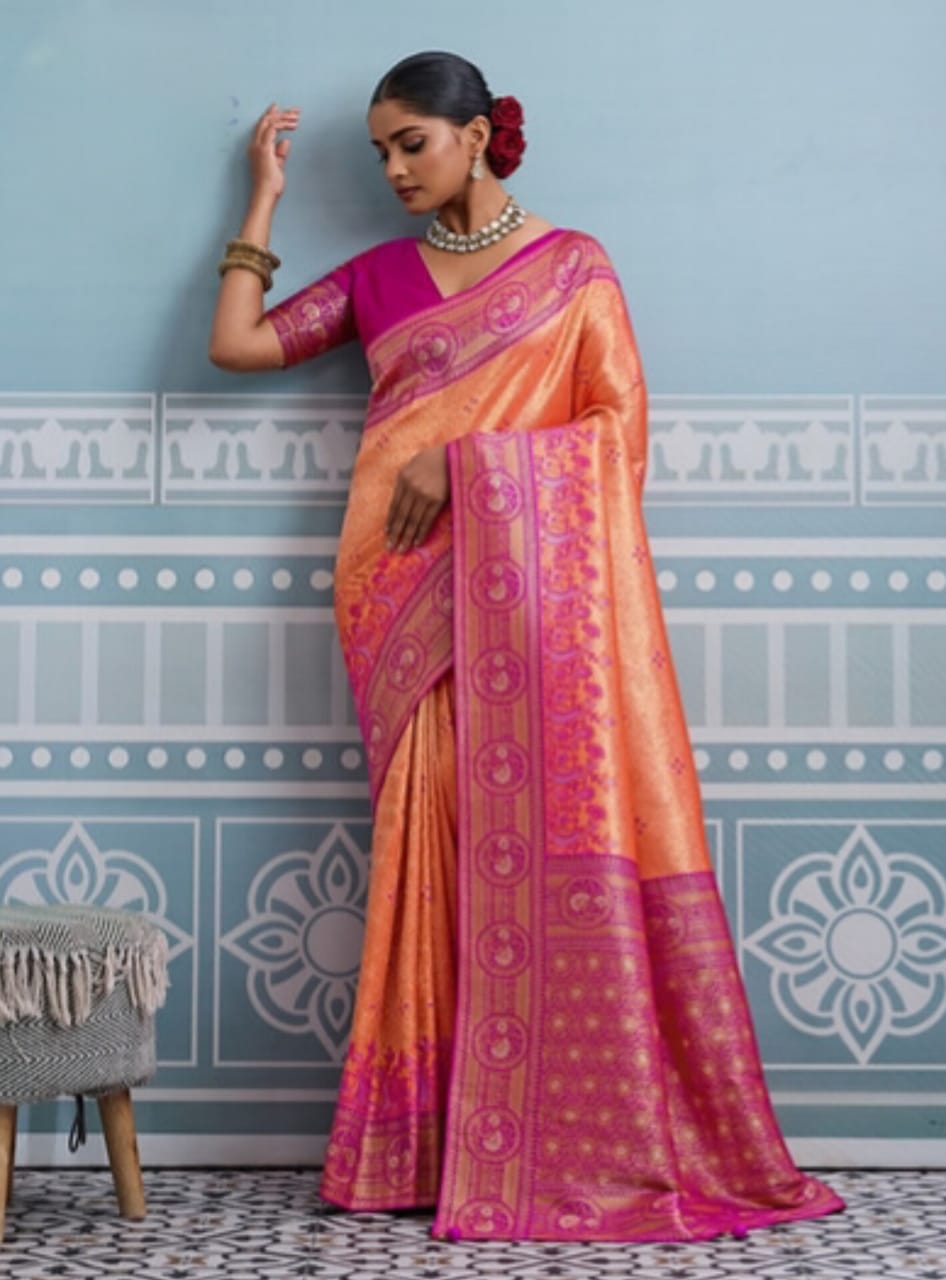 Pink Kanjivaram Soft Silk Zari Thread Meenakari Weaving Saree