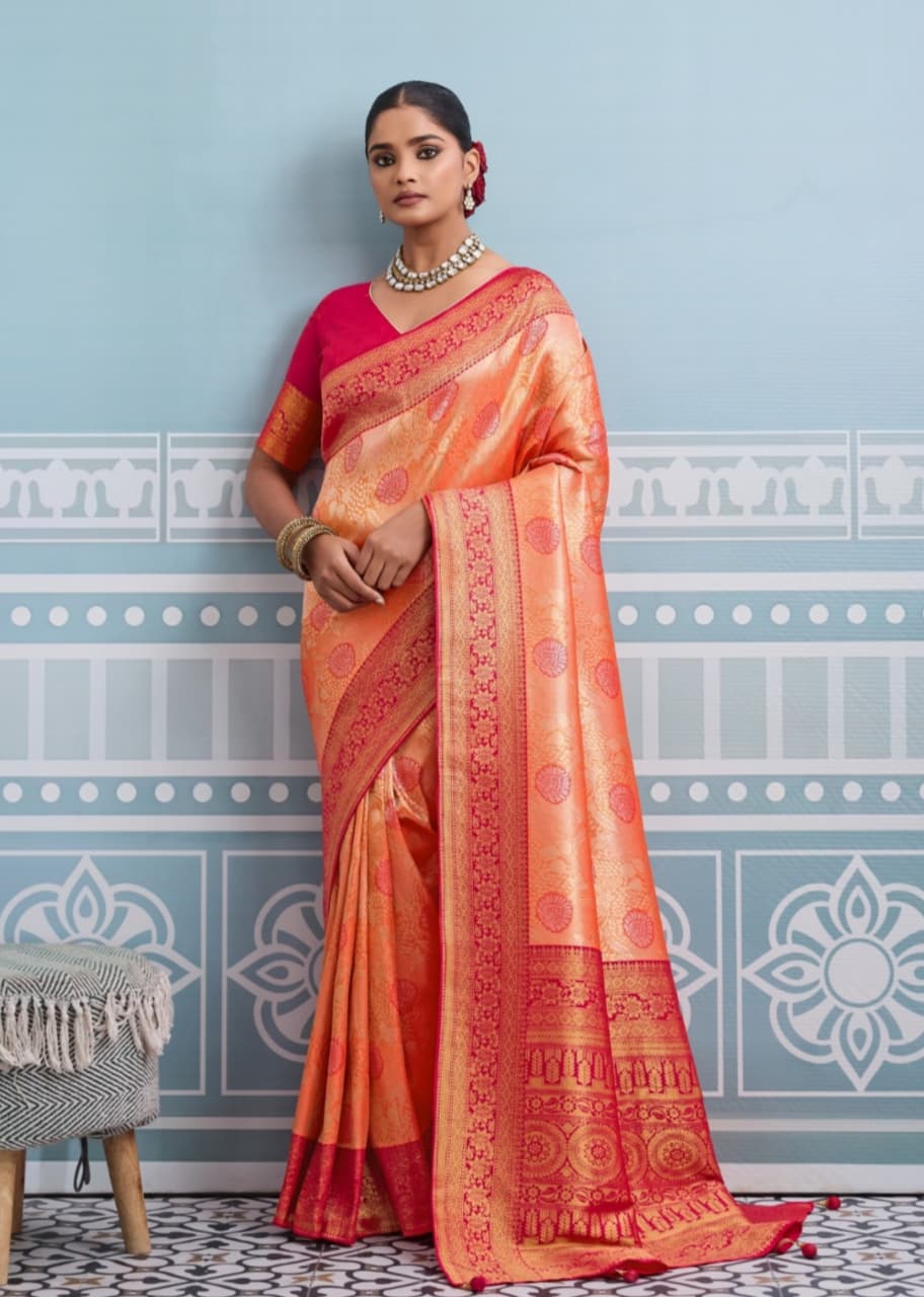 Peach Kanjivaram Soft Silk Zari Thread Meenakari Weaving Saree