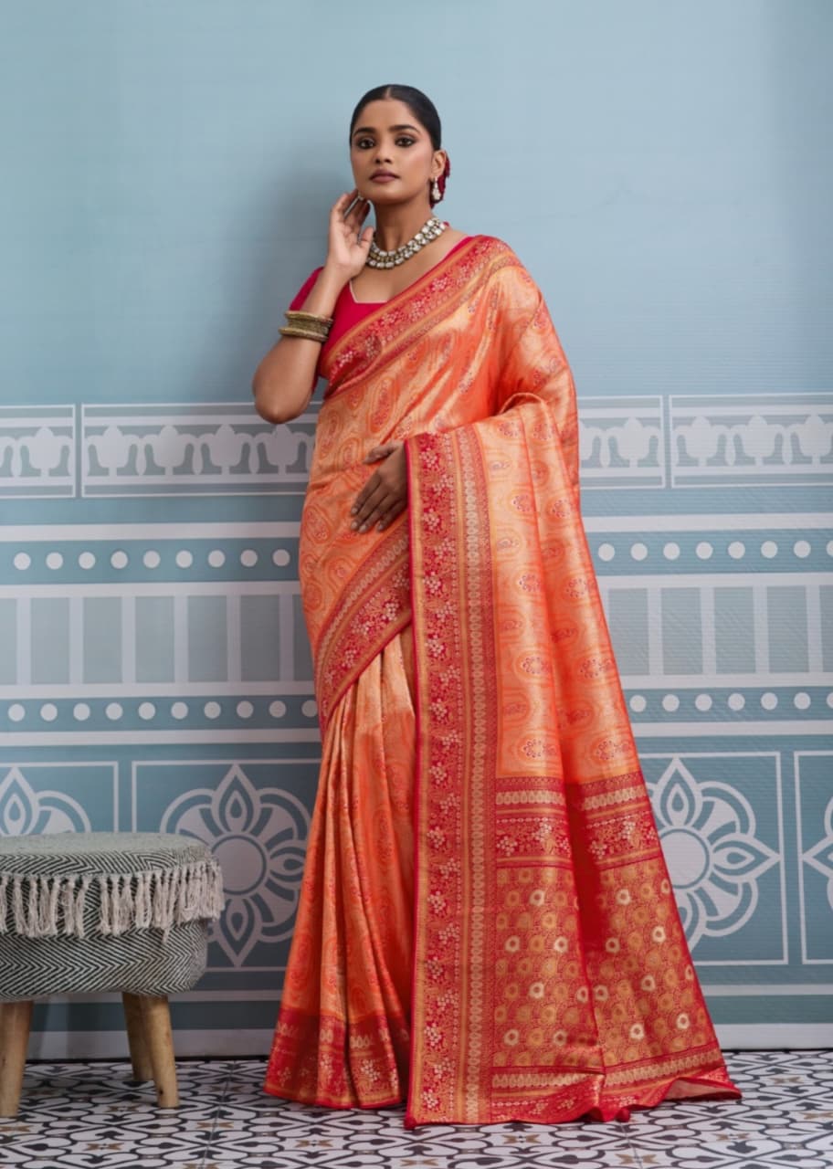 Coral Kanjivaram Soft Silk Zari Thread Meenakari Weaving Saree