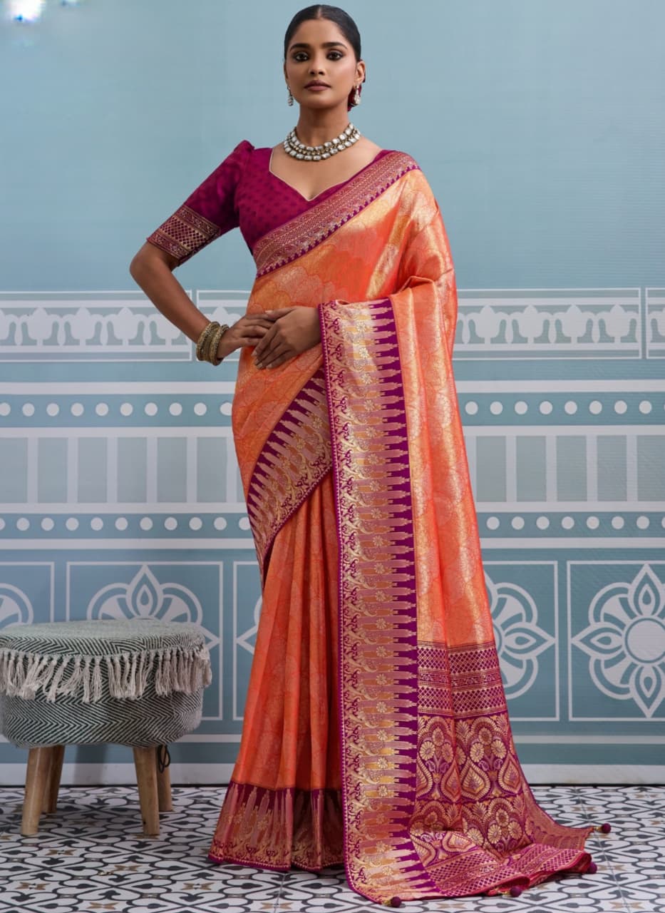 Orange Kanjivaram Soft Silk Zari Thread Meenakari Weaving Saree