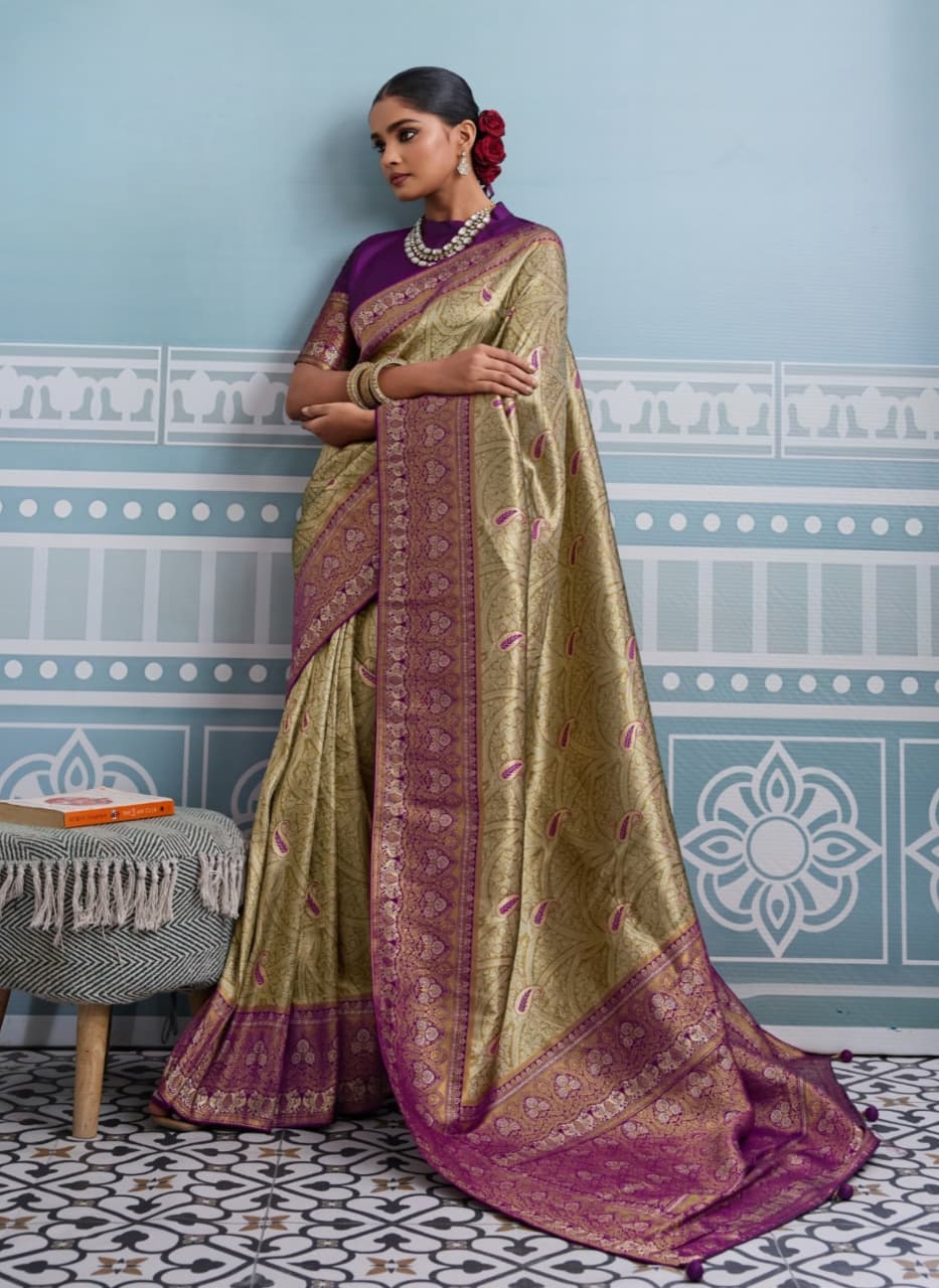 Olive Green Kanjivaram Soft Silk Zari Thread Meenakari Weaving Saree