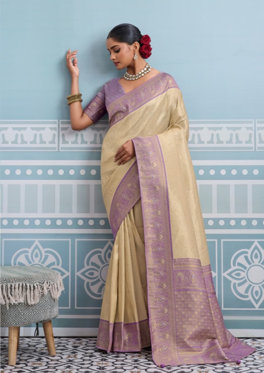 Cream Kanjivaram Soft Silk Zari Thread Meenakari Weaving Saree