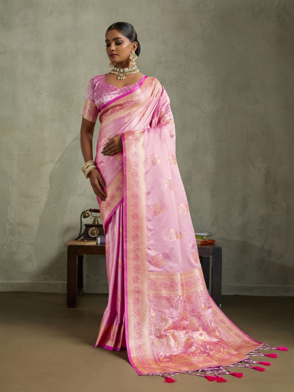Rose Pink Satin Silk Banarasi Zari Woven Saree