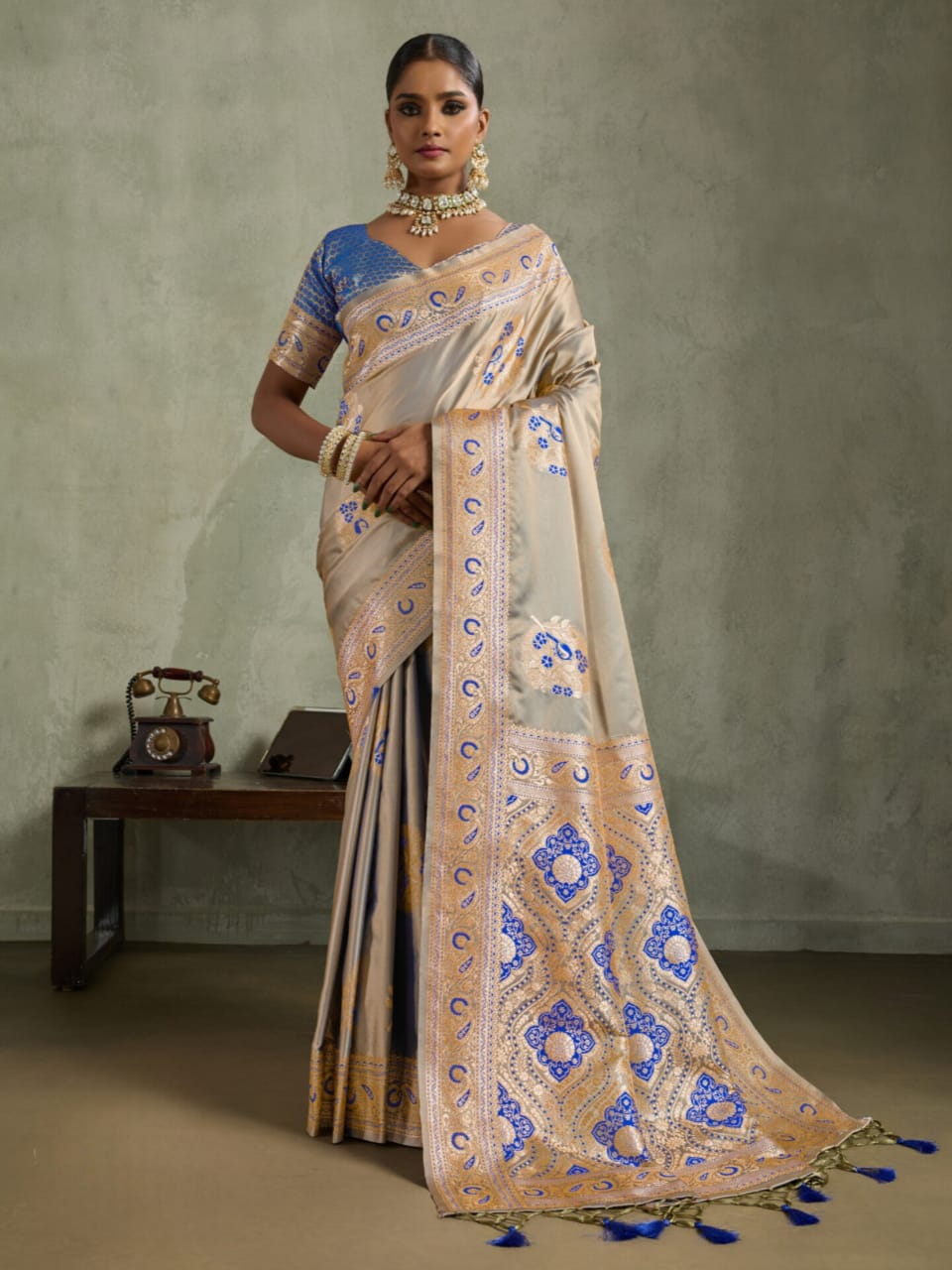 Cream Satin Silk Banarasi Zari Woven Saree
