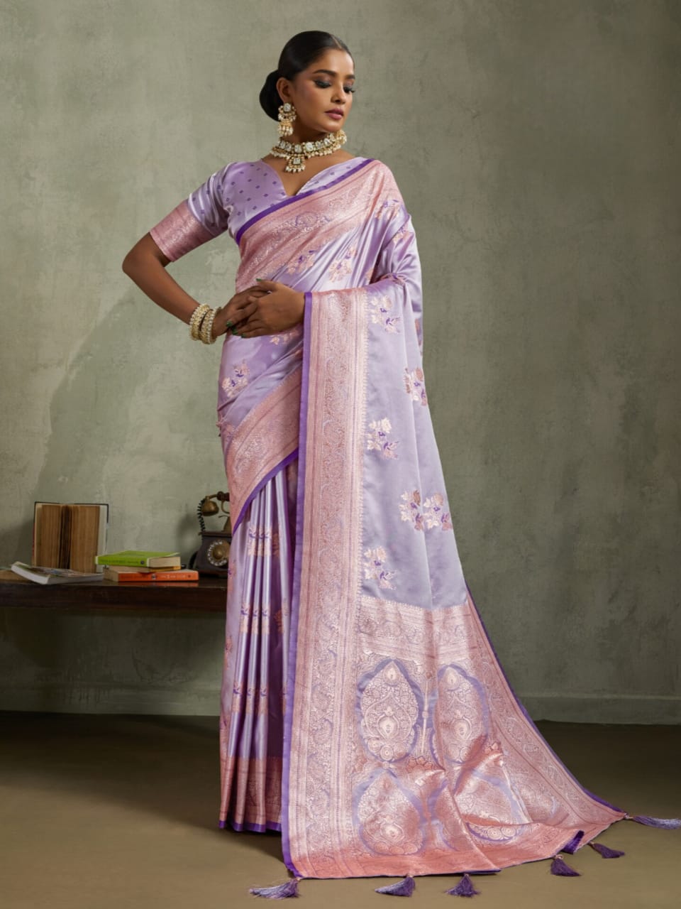 Lavender Satin Silk Banarasi Zari Woven Saree
