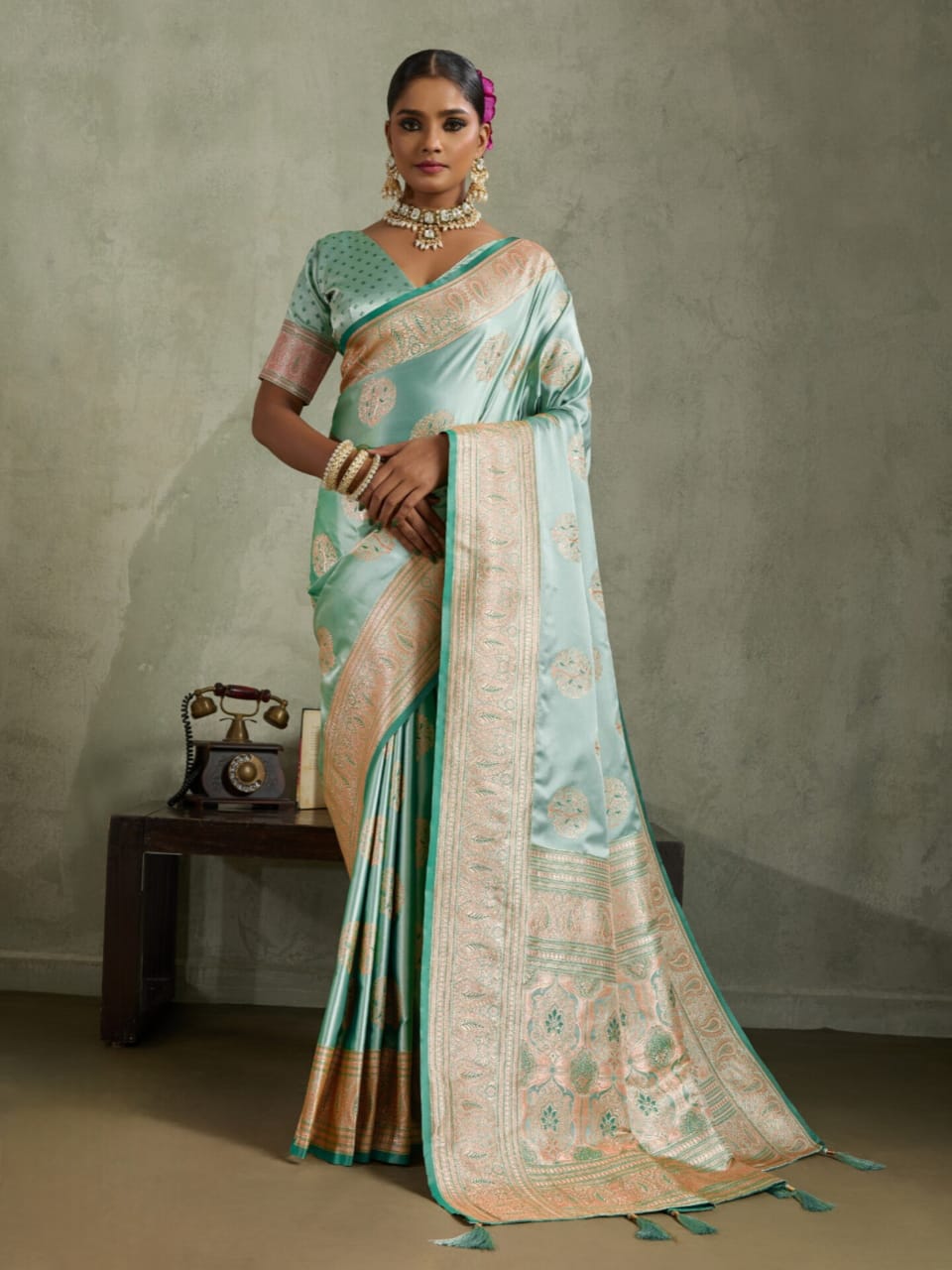 Mint Green Satin Silk Banarasi Zari Woven Saree