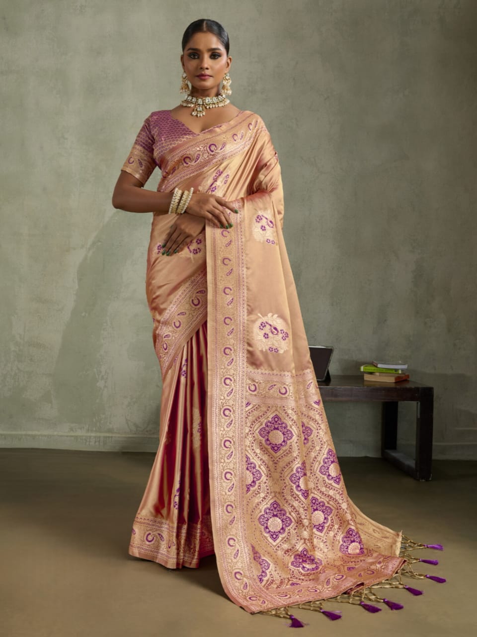Peach Satin Silk Banarasi Zari Woven Saree