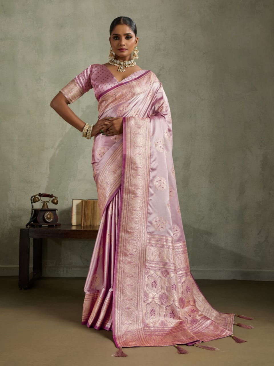 Pink Satin Silk Banarasi Zari Woven Saree