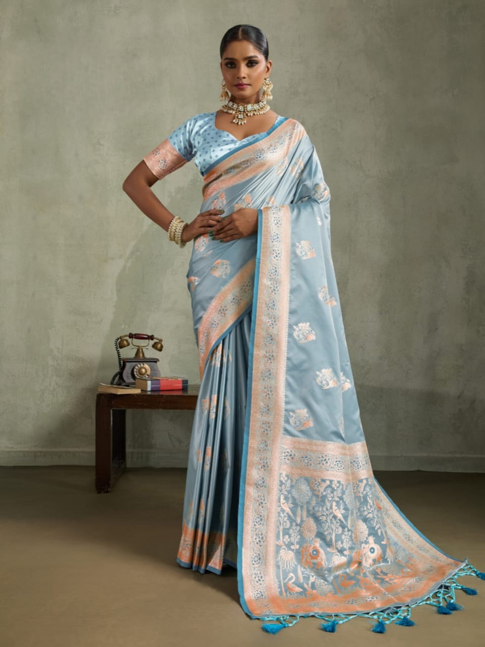Sky Blue Satin Silk Banarasi Zari Woven Saree