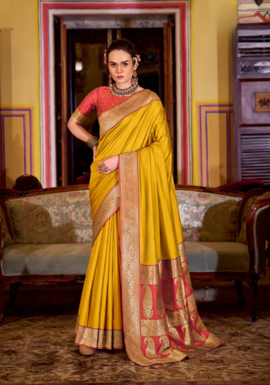 Mustard Soft Silk Weaving Contrast Border Saree