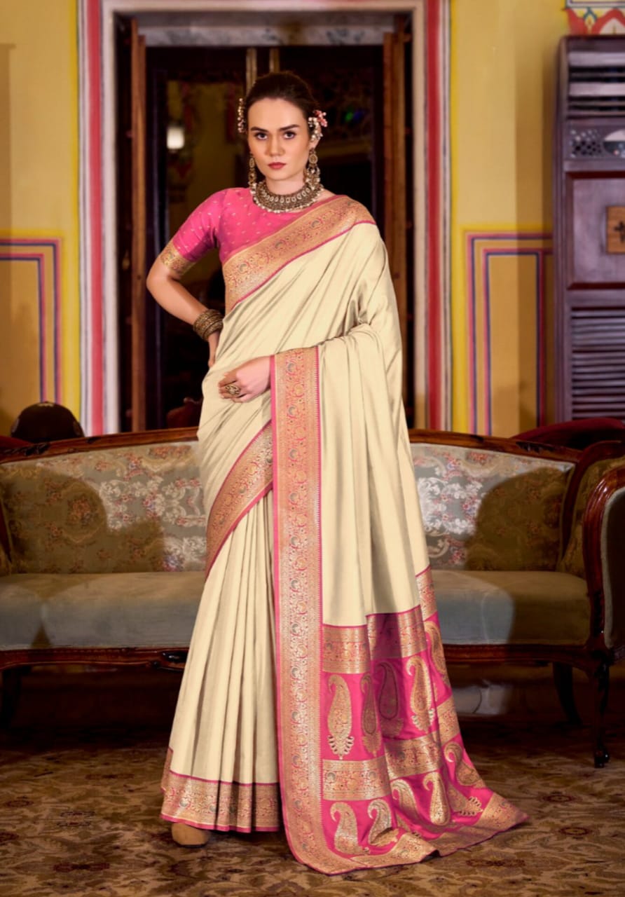 Cream Soft Silk Weaving Contrast Border Saree
