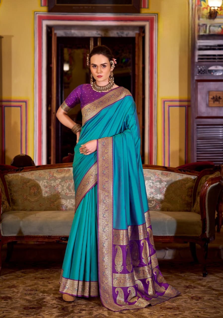 Teal Soft Silk Weaving Contrast Border Saree