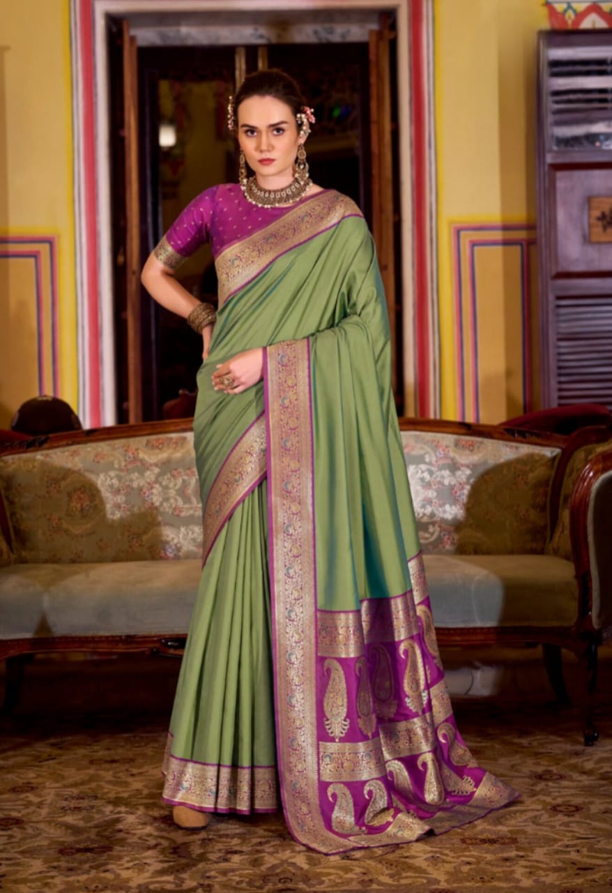 Olive Soft Silk Weaving Contrast Border Saree