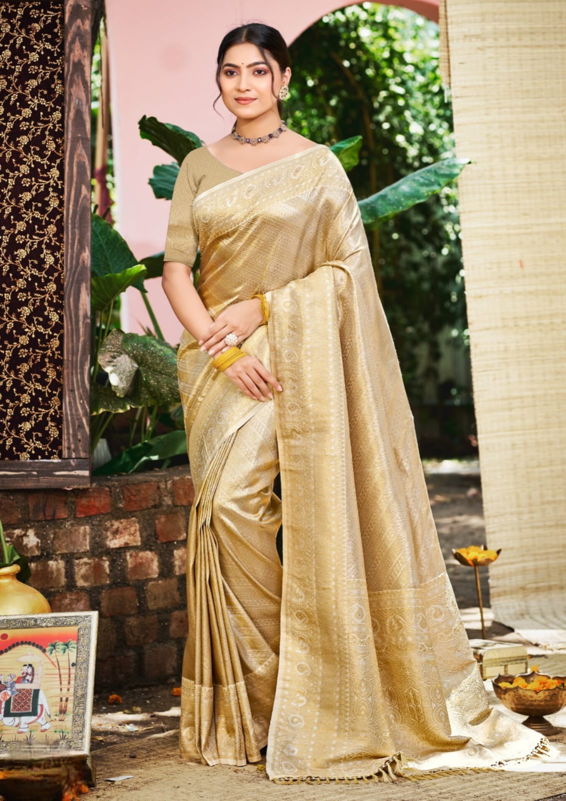 Beige Kanjivaram Silk Weaving Work Saree