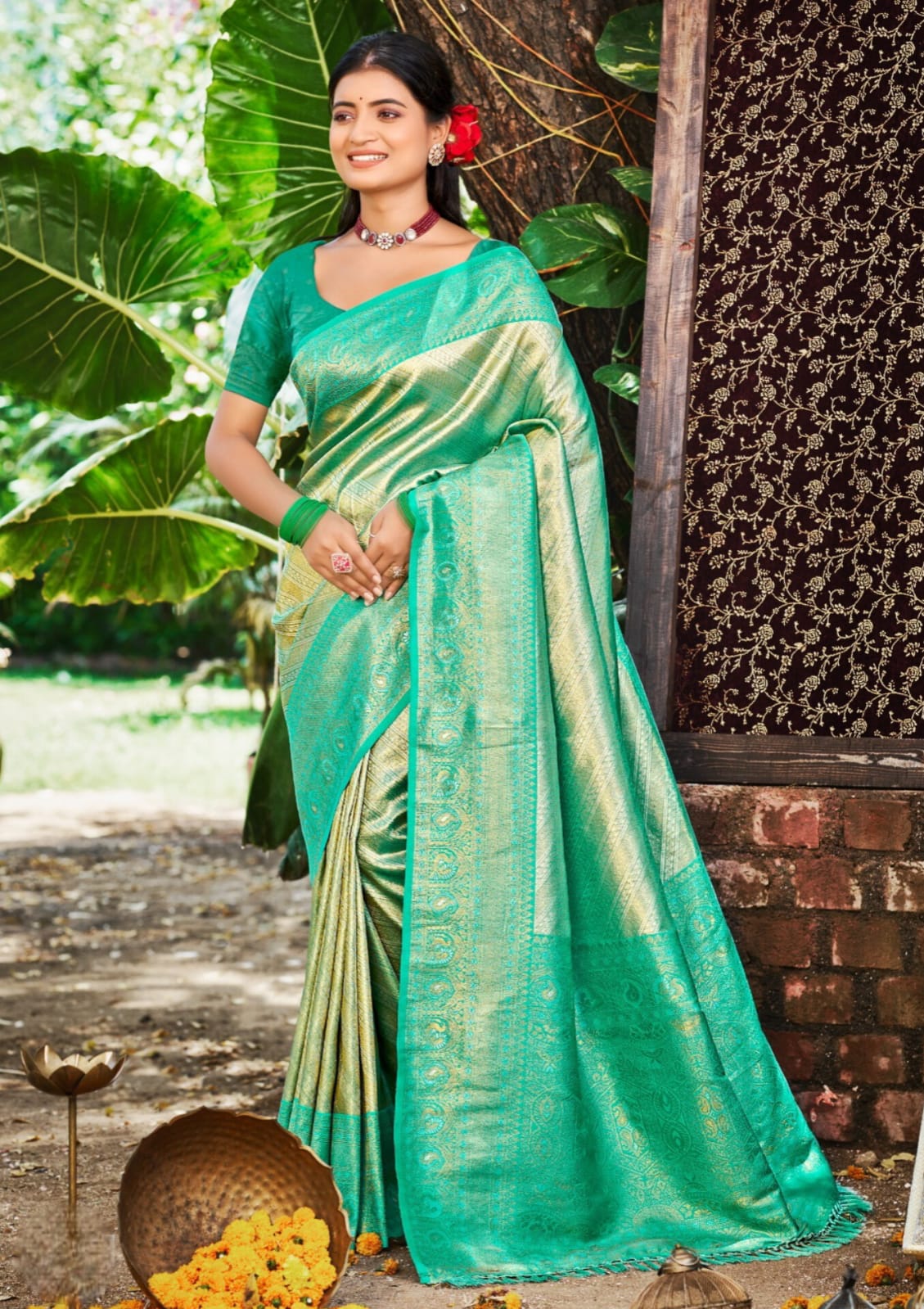 Teal Kanjivaram Silk Weaving Work Saree