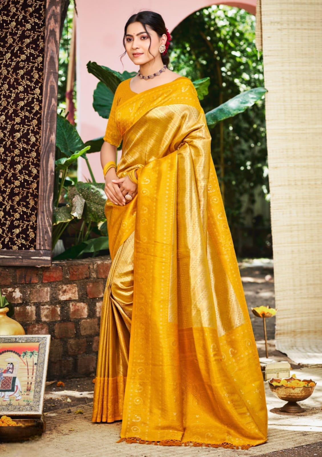 Yellow Kanjivaram Silk Weaving Work Saree