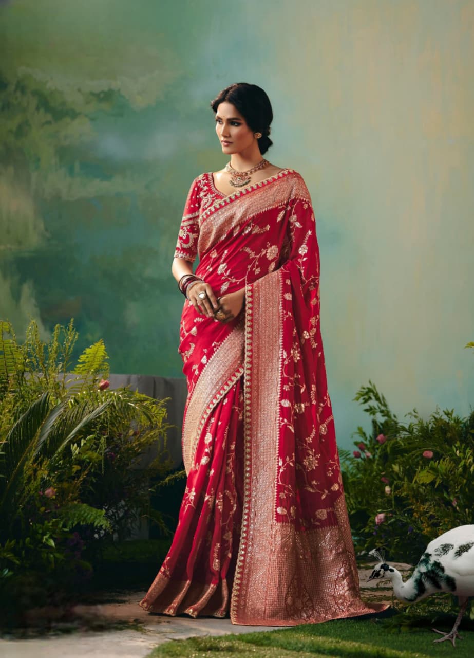 Red Dola Silk Zari Embroidered Saree