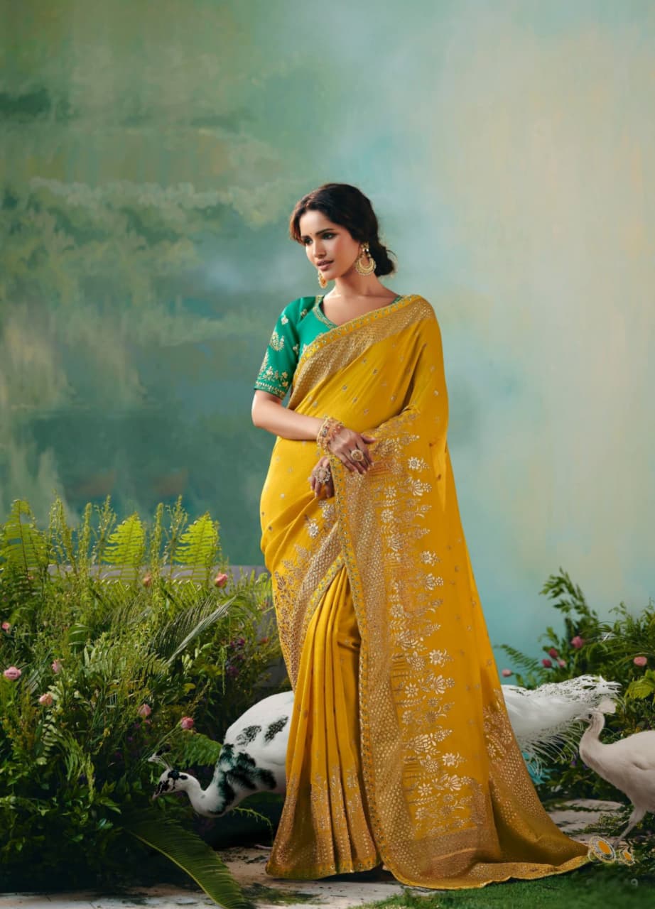 Mustard Yellow Dola Silk Zari Embroidered Saree