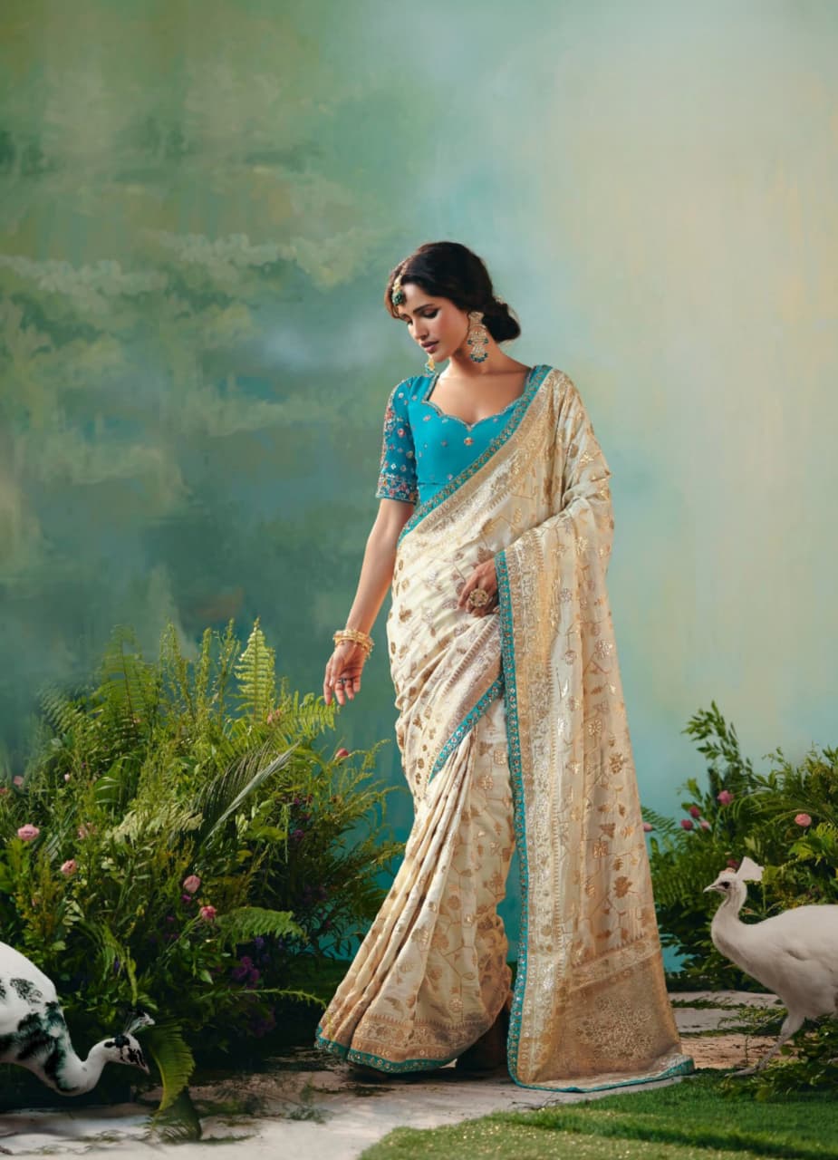 Cream Dola Silk Zari Embroidered Saree