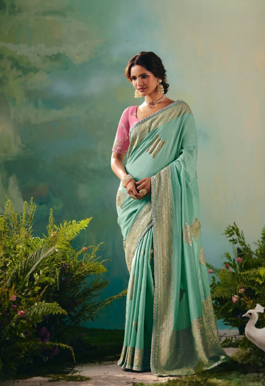 Mint Green Dola Silk Zari Embroidered Saree