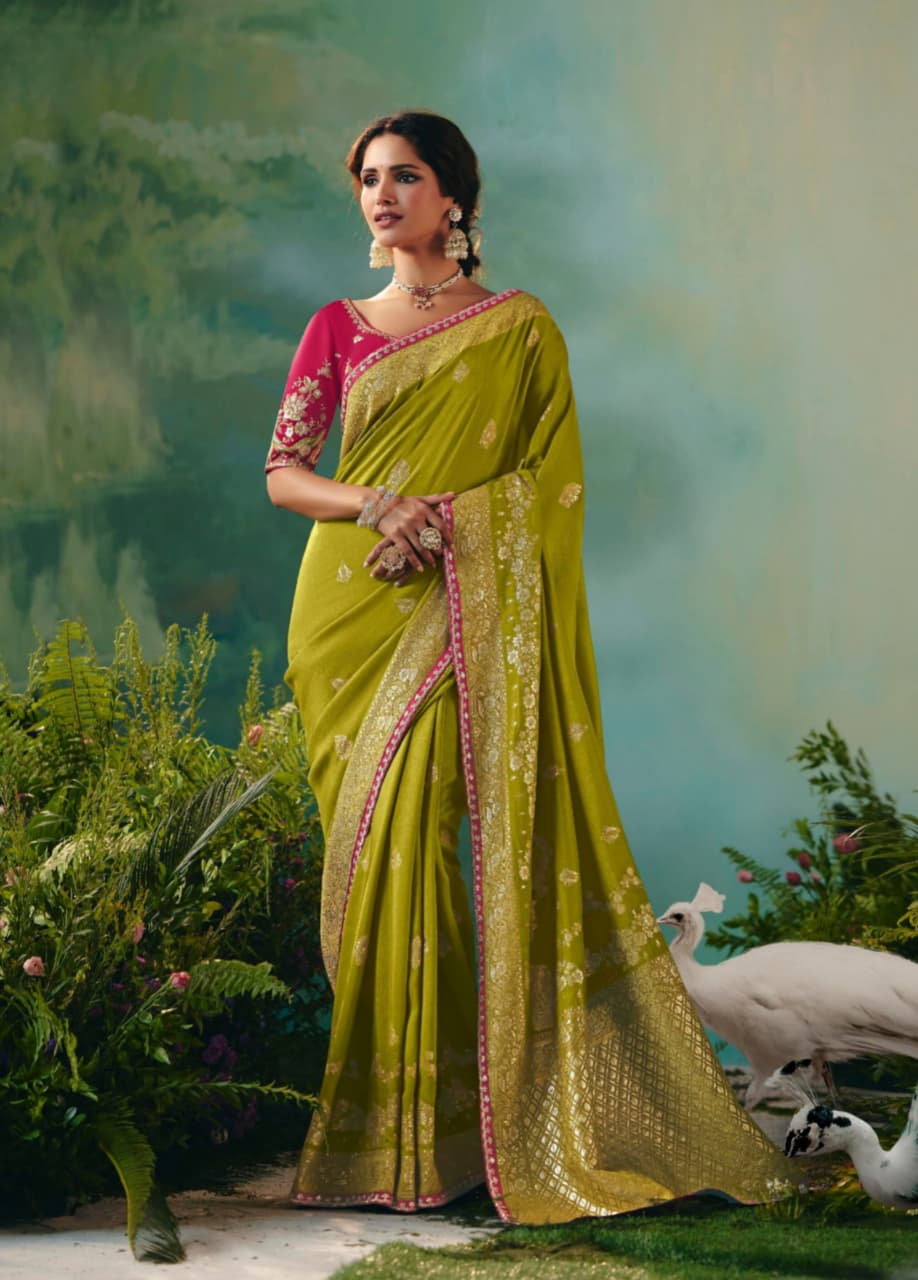 Olive Green Dola Silk Zari Embroidered Saree