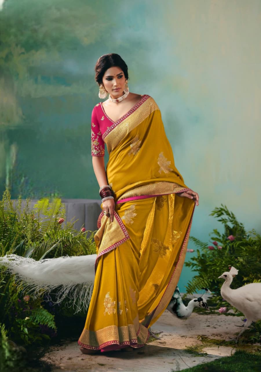 Yellow Dola Silk Zari Embroidered Saree