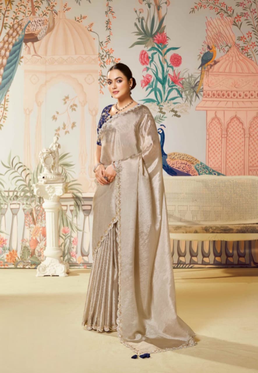 Beige Tussar Silk Dual Sequence Saree