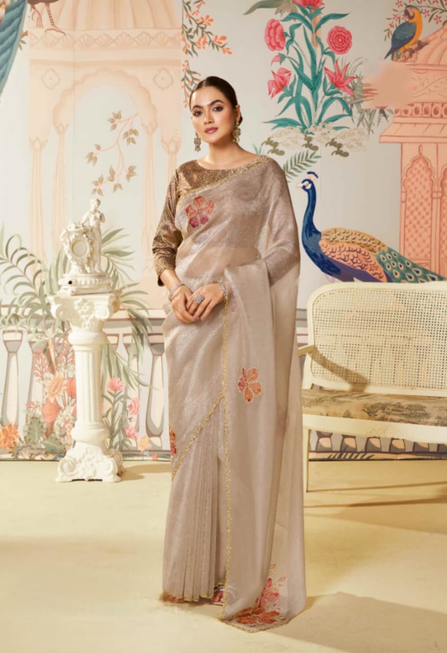 Beige Satin Organza Silk Handwork Saree
