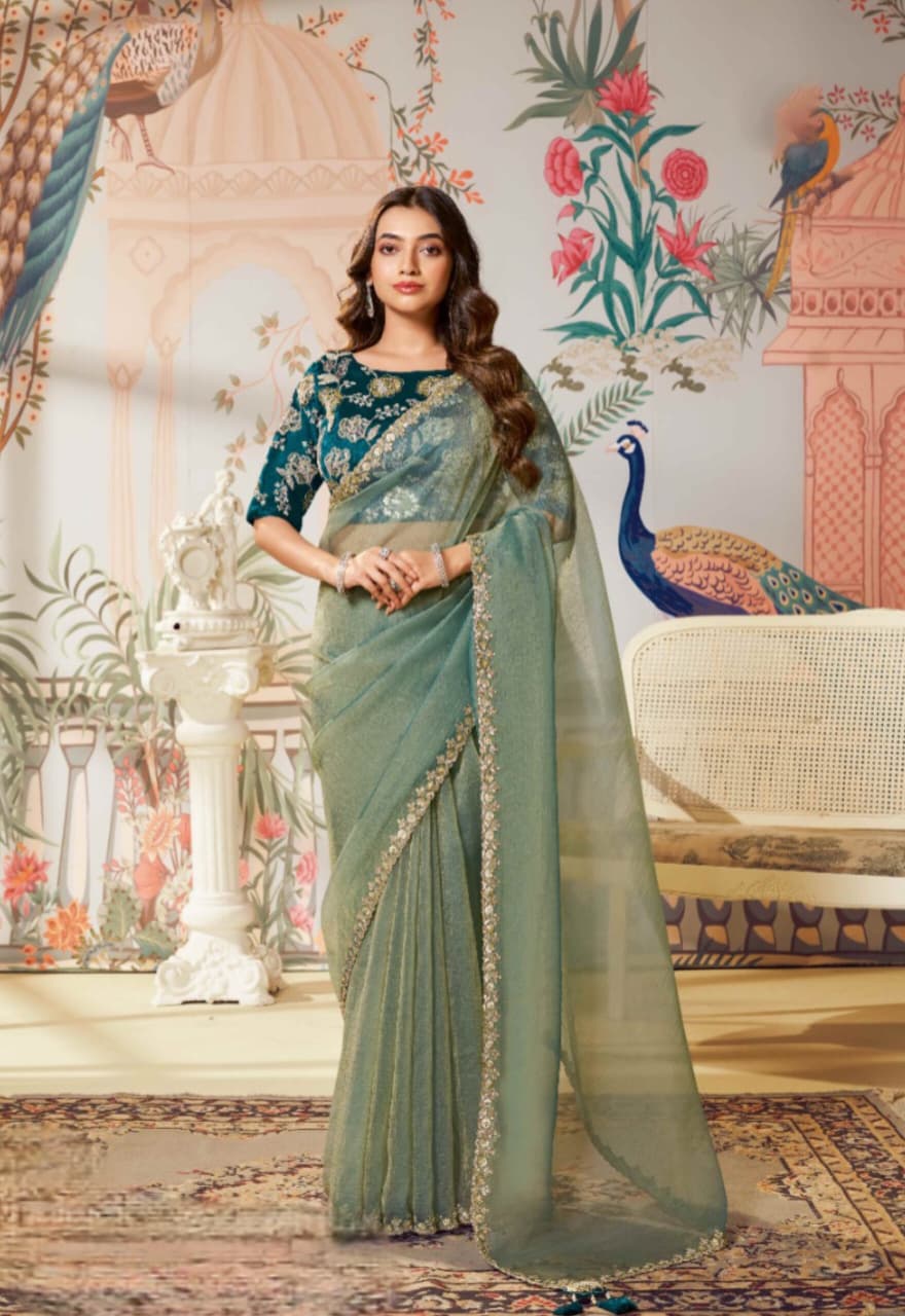 Teal Zari Organza Silk Dual Sequence Saree