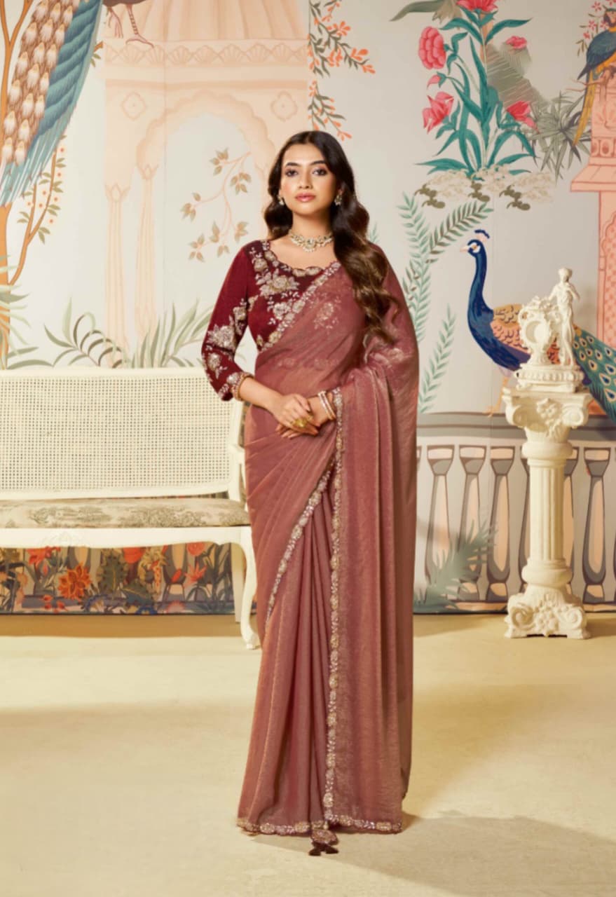 Maroon Moss Satin Silk Organza Embroidered Saree