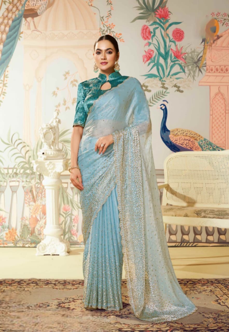 Sky Blue Satin Silk Sequence Saree