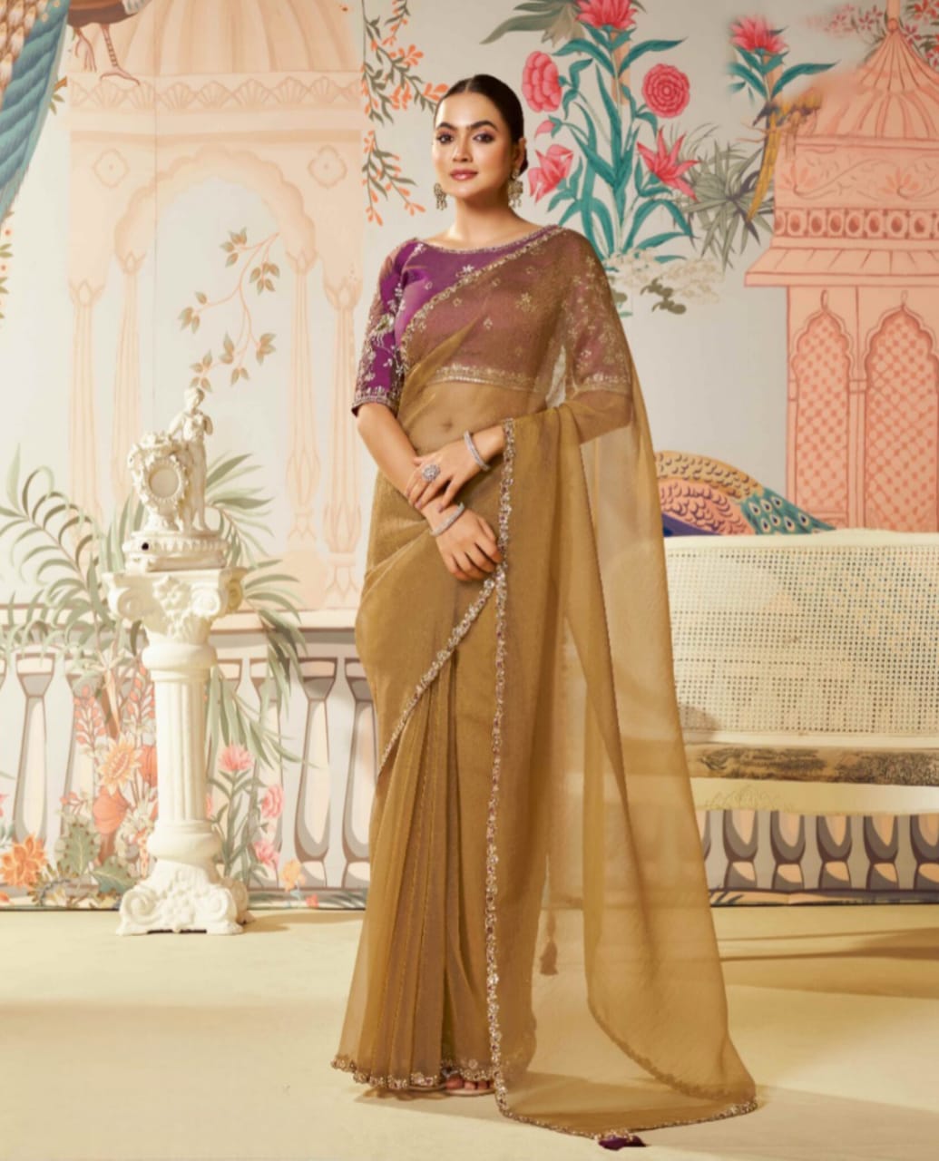 Golden Brown Satin Silk Two Tone Satin Silk Saree