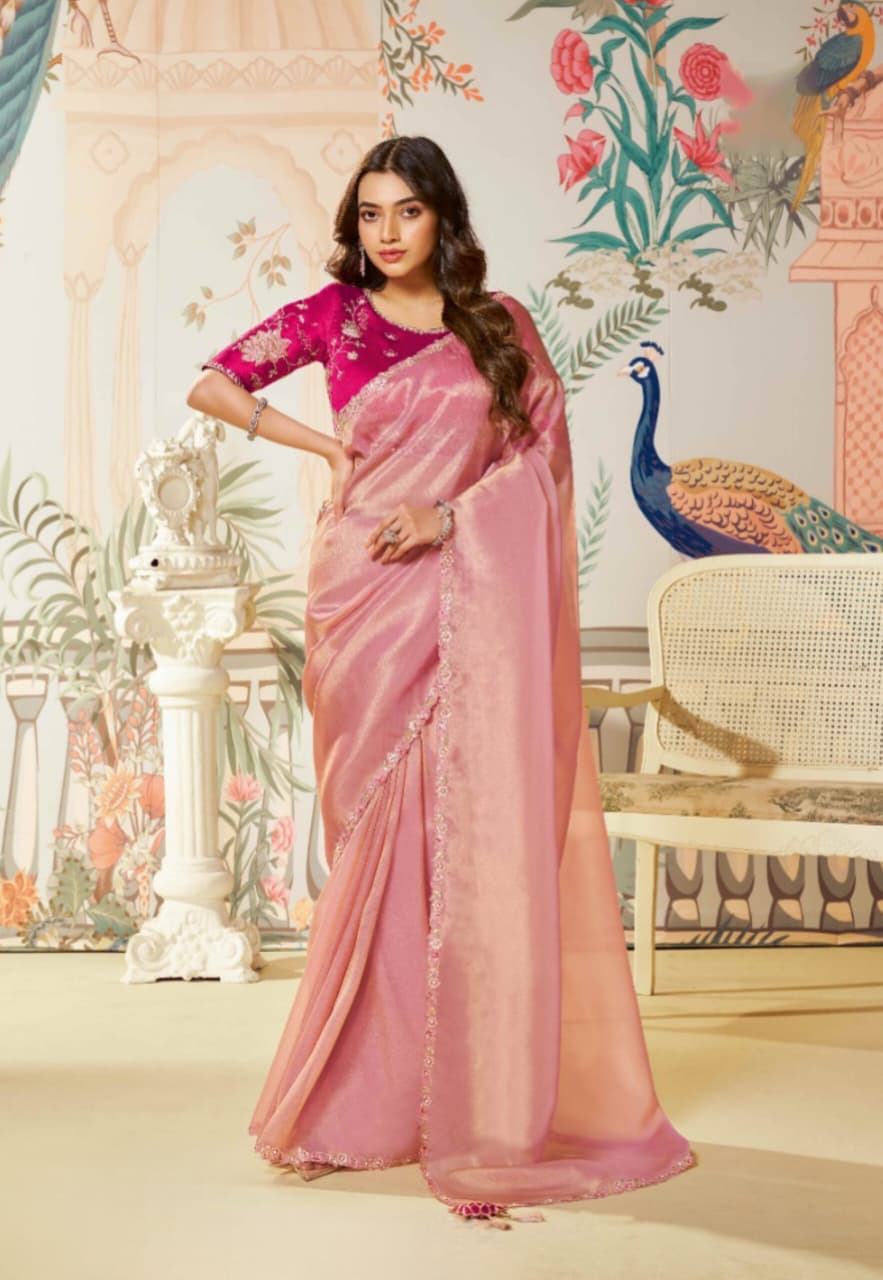 Pink Satin Organza Silk Dual Sequence Saree
