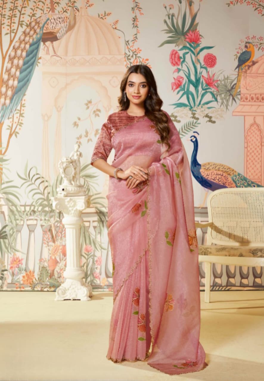 Dusty Pink Satin Organza Silk Diamond Brush Print Saree