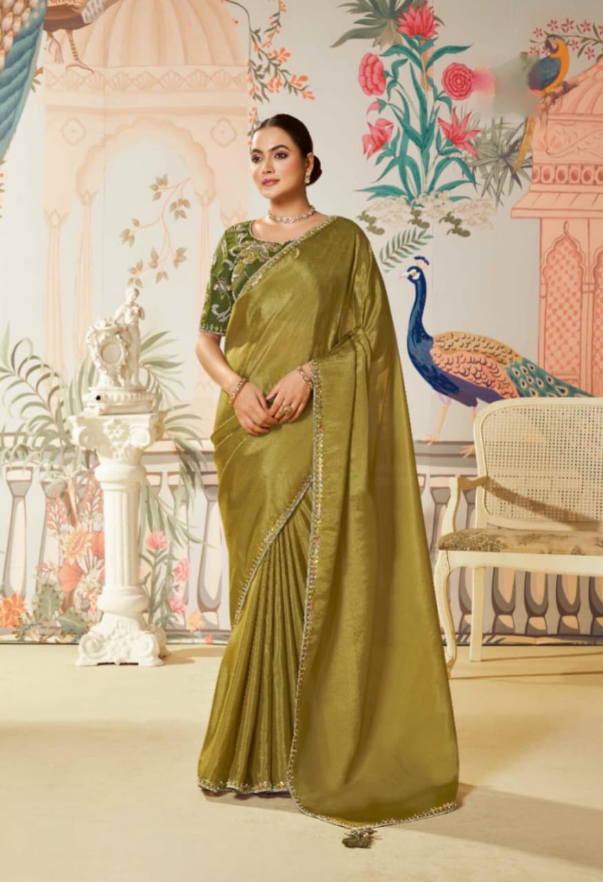 Olive Green Satin Silk Jardosi Handwork Saree